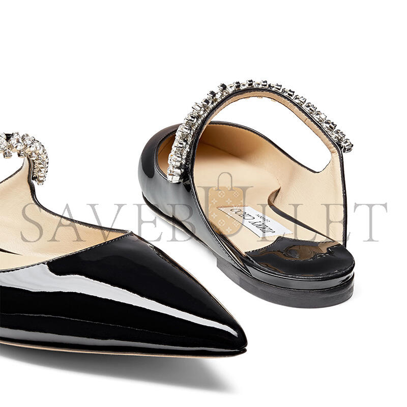 J1m*y Ch00 black patent leather mules with crystal strap bingflatpat010003